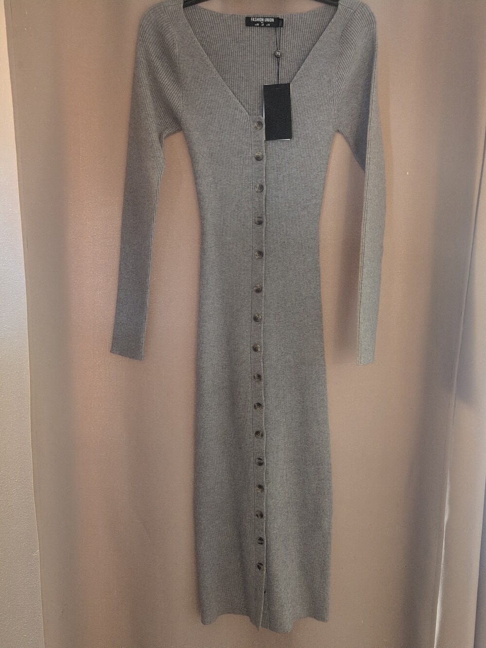 Fashion Union Tall Grey Ribbed Button Front Midi Sweater Dress NWT Size 6